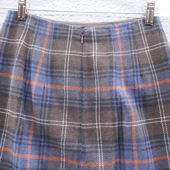 Cabi Womens Wool Blend Pencil Skirt 2 Blue Brown Tartan Plaid Pleated Ruffle Hem - Picture 4 of 13